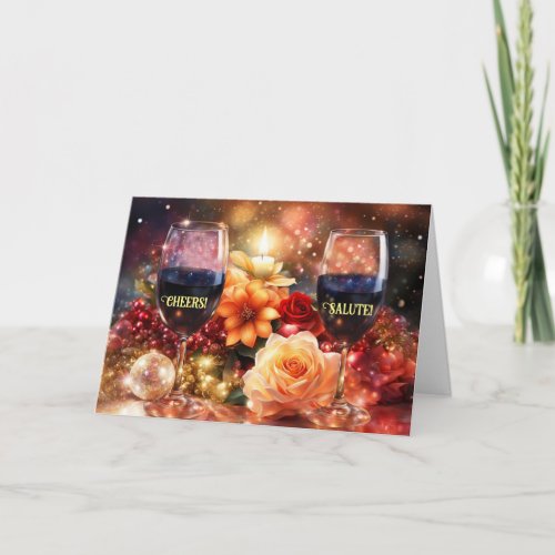 Wine Happy Holidays Cheers Salute Flowers Holiday Card