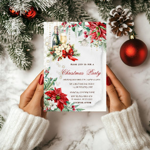 Wine Holly Berry Poinsettia Company Christmas Invitation