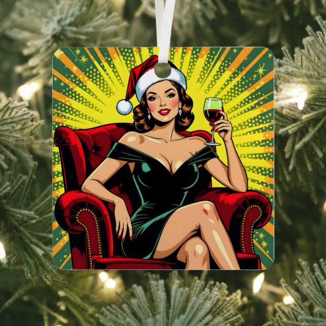 Wine Humor Retro Pop Art Christmas Metal Ornament (Insitu)