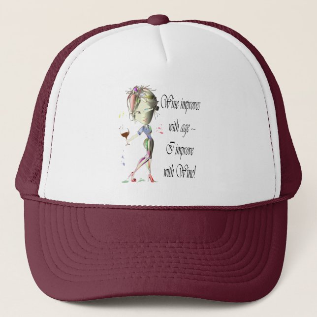 Wine improves with age, humorous art gifts trucker hat (Front)