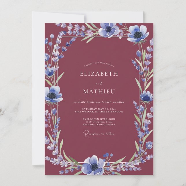 Wine Indigo Anemone Wedding Invitation (Front)