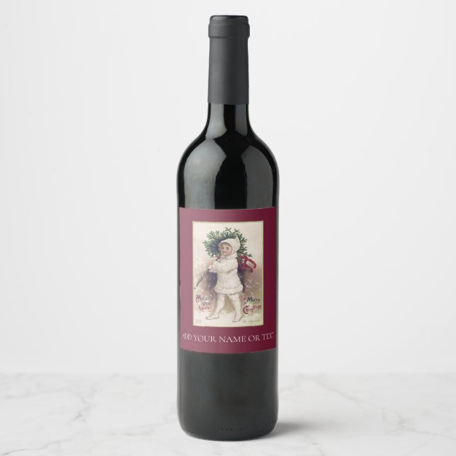 WINE LABEL : VINTAGE : GIRL + CHRISTMAS TREE (Front)