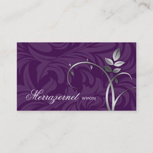 Customizable Wine Leaf Vine Purple Silver Business Card Template