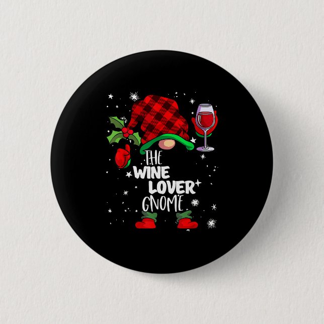 Wine Lover Gnome Red Buffalo Plaid Matching Family Button (Front)