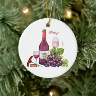 Wine Lover Grapes, Wine Bottle, Wine Glasses  Ceramic Ornament