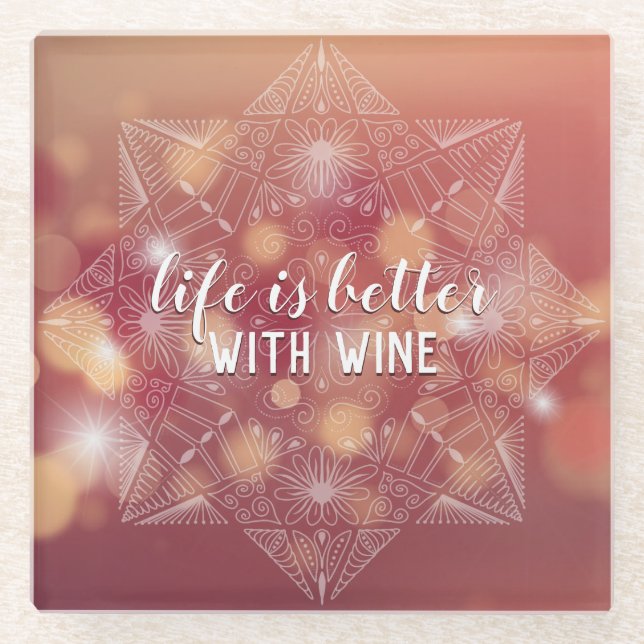 Wine Lover Pink Bokeh Mandala Art Typography Funny Glass Coaster (Front)