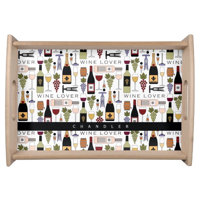 Wine Lovers Bottles, Glasses & Accessories Pattern Serving Tray (Front)