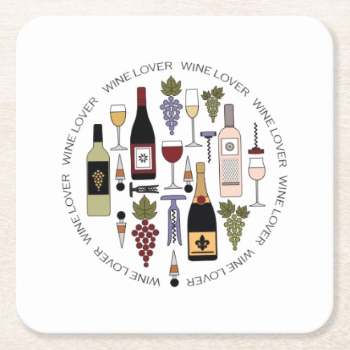 Wine Lovers Bottles Glasses  Accessories Pattern Square Paper Coaster