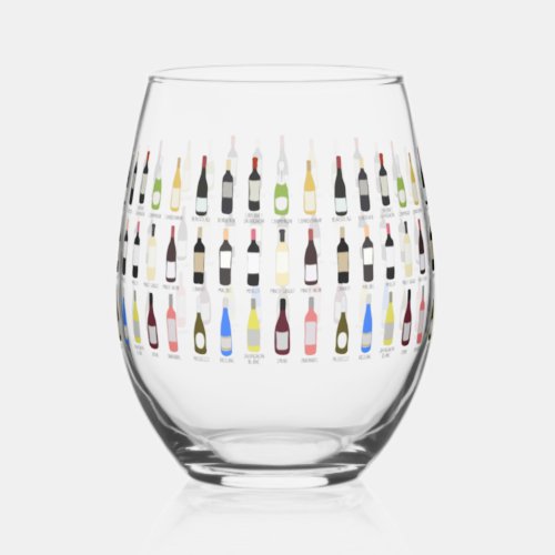 Wine Lovers Bottles With Names Illustrated Stemless Wine Glass