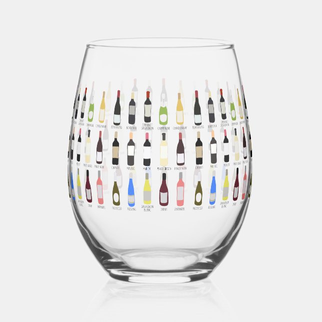 Wine Lovers Bottles With Names Illustrated Stemless Wine Glass (Front)