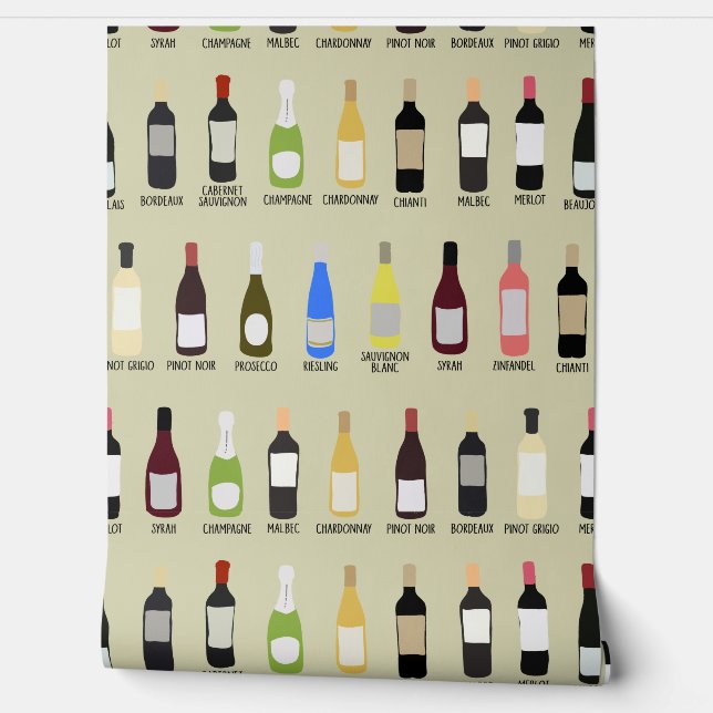Wine Lovers Bottles with Names Patterned Wallpaper (Unrolling)