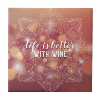Wine Lover's Elegant Lettered Mandala Peach Bokeh Ceramic Tile