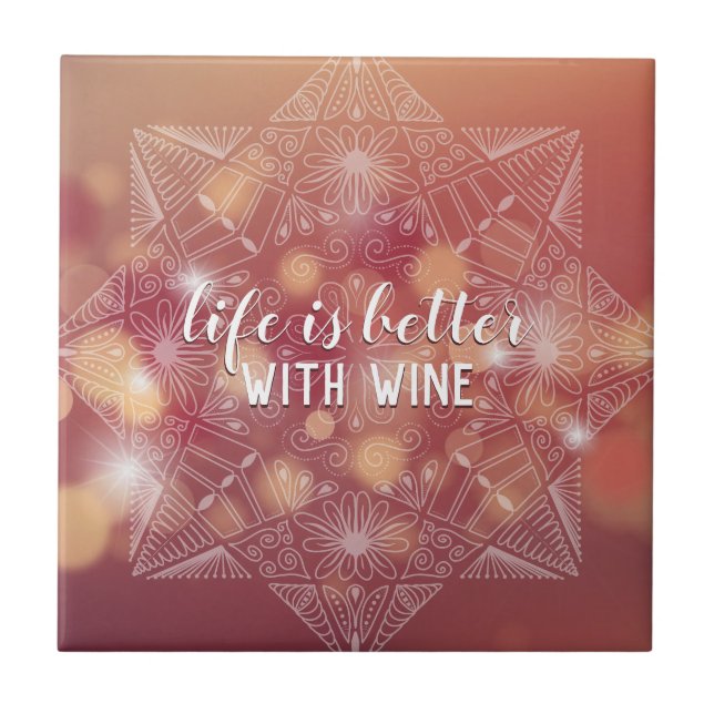 Wine Lover's Elegant Lettered Mandala Peach Bokeh Ceramic Tile (Front)