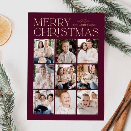 Wine Modern Christmas 9 Photo Collage Foil Holiday Card