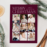 Wine Modern Christmas 9 Photo Collage Holiday Card<br><div class="desc">Modern Christmas photo card featuring "Merry Christmas" displayed at the top of the design in trendy white lettering with a wine background. A photo collage of 9 photos is shown below in a grid-style layout. Personalize the multi-photo Christmas card with your family name. The card reverses to display a wine...</div>