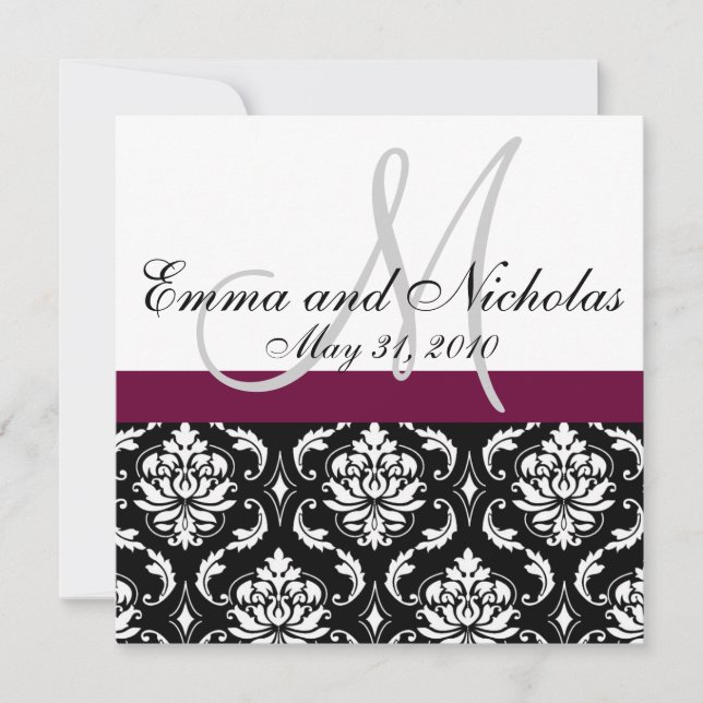 Wine Monogram Damask Wedding Invitation Front (Front)