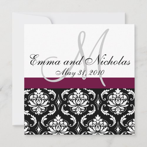 Wine Monogram Damask Wedding Invitation Front