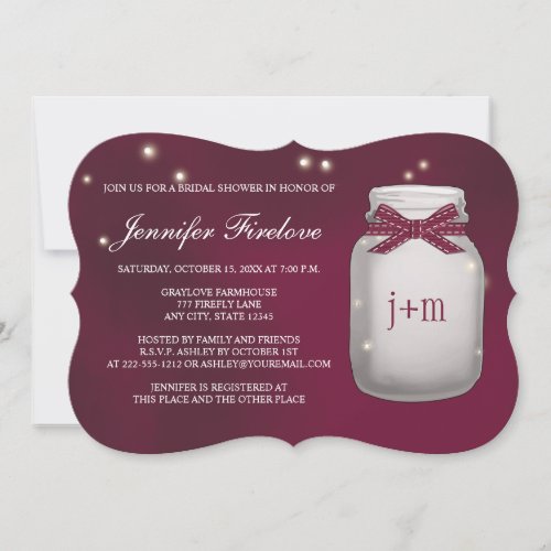 Wine Monogrammed Firefly Mason Jar Bridal Shower Invitation