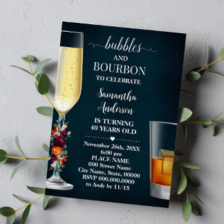 Wine Navy Bubbles & Bourbon Adults Birthday Invitation