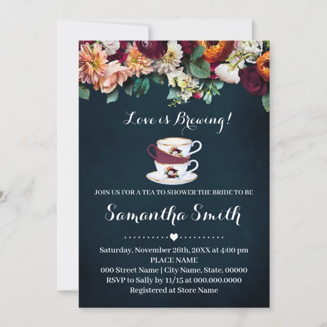 Wine Navy Love is Brewing Tea Bridal Shower Invite (Front)