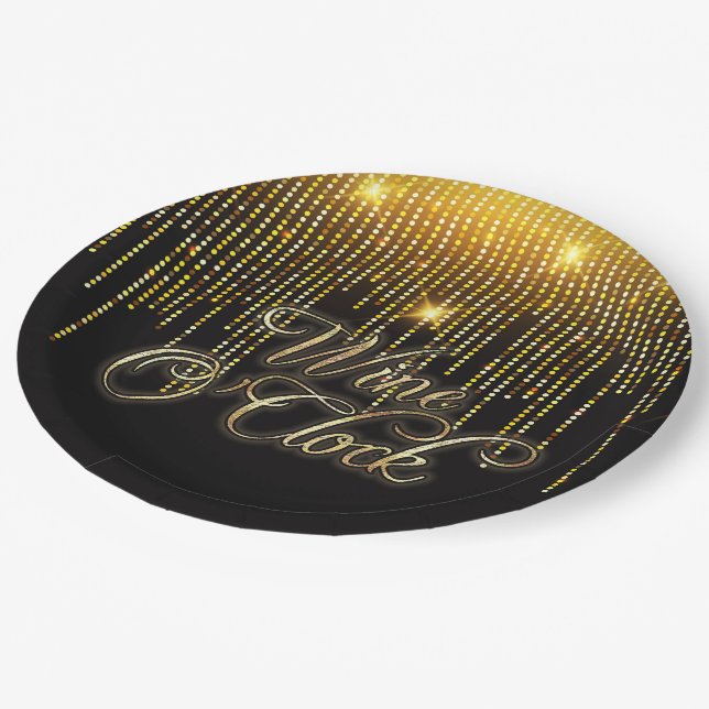 Wine O'Clock Gold Glitz Paper Plates (Angled)