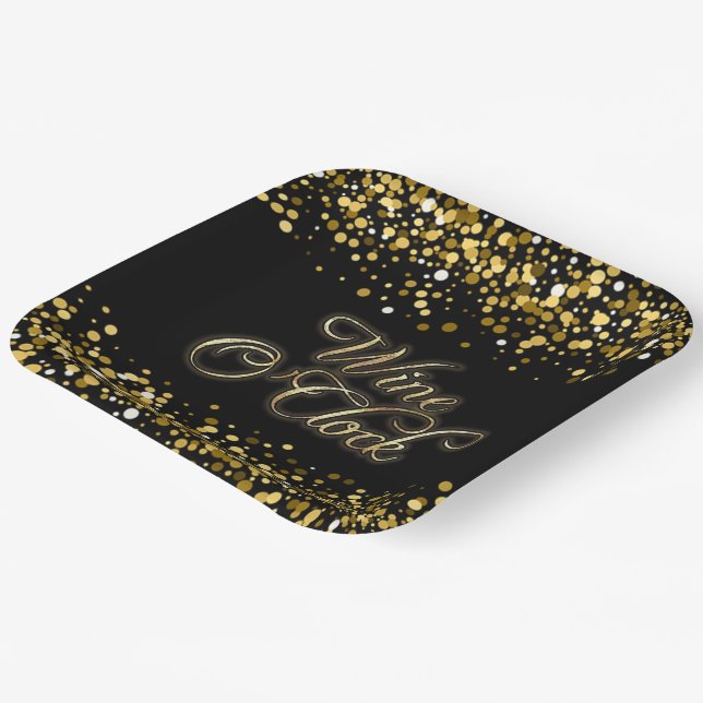 Wine O'Clock Gold Sparkle Square Paper Plates (Angled)