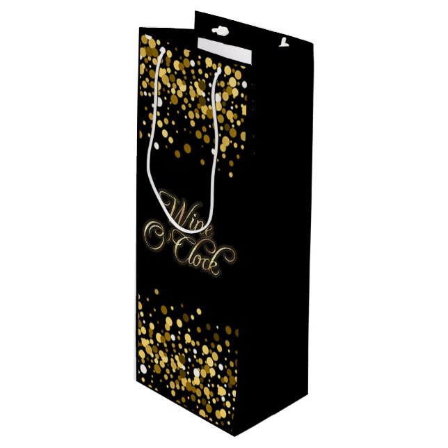 Wine O'Clock Gold Sparkle Wine Gift Bag (Front Angled)