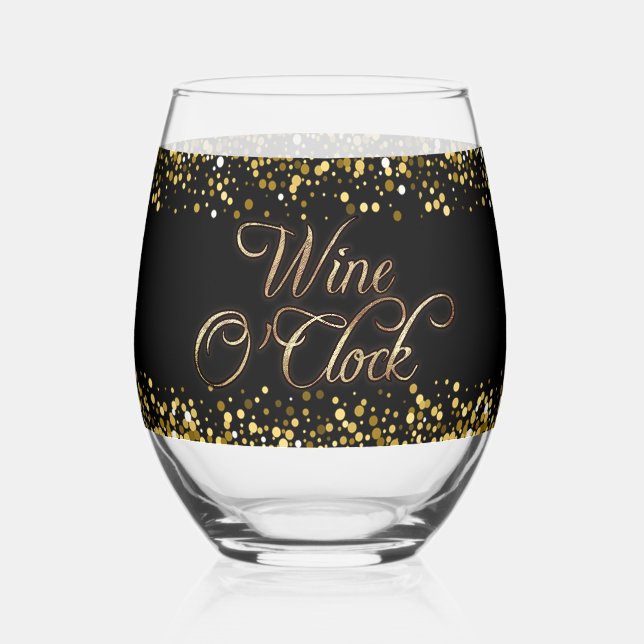 Wine O'Clock Gold Text Stemless Wine Glass (Front)