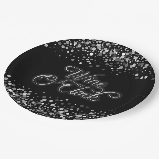 Wine O'Clock Silver Sparkle Paper Plates (Angled)
