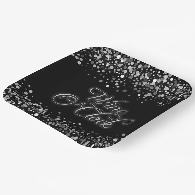 Wine O'Clock Silver Sparkle Square Paper Plates (Angled)