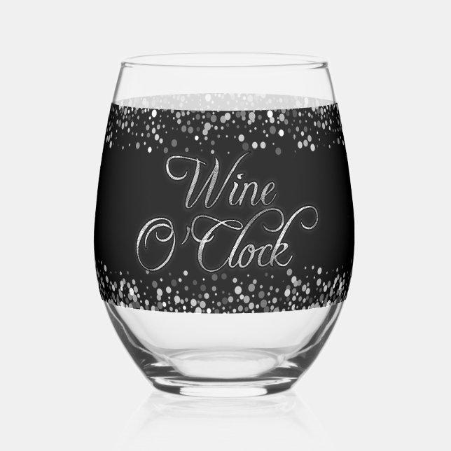 Wine O'Clock Silver Text Stemless Wine Glass (Front)