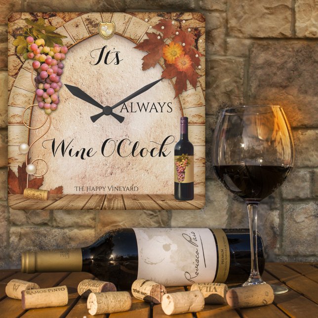 Wine O'Clock Vineyard or Wine Theme Clock (Clock with a classic wine themed painting with a Roman arch, grapes, a wine bottle and cork)