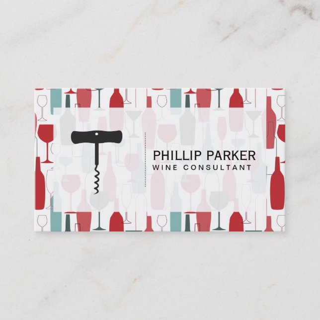 Wine Opener | Bottles Glasses Pattern Business Card (Front)
