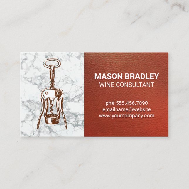 Wine Opener | Red Leather Marble Business Card (Front)