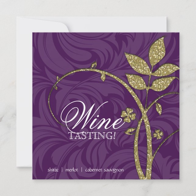 Wine Party Tasting Purple Gold Leaf Glitter Invitation (Front)