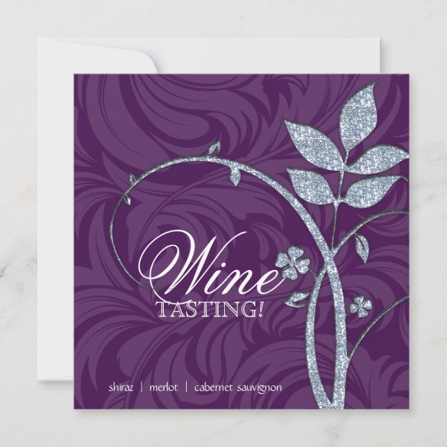 Wine Party Tasting Purple Silver Leaf Glitter Invitation (Front)
