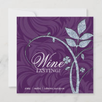 Wine Party Tasting Purple Silver Leaf Glitter Invitation