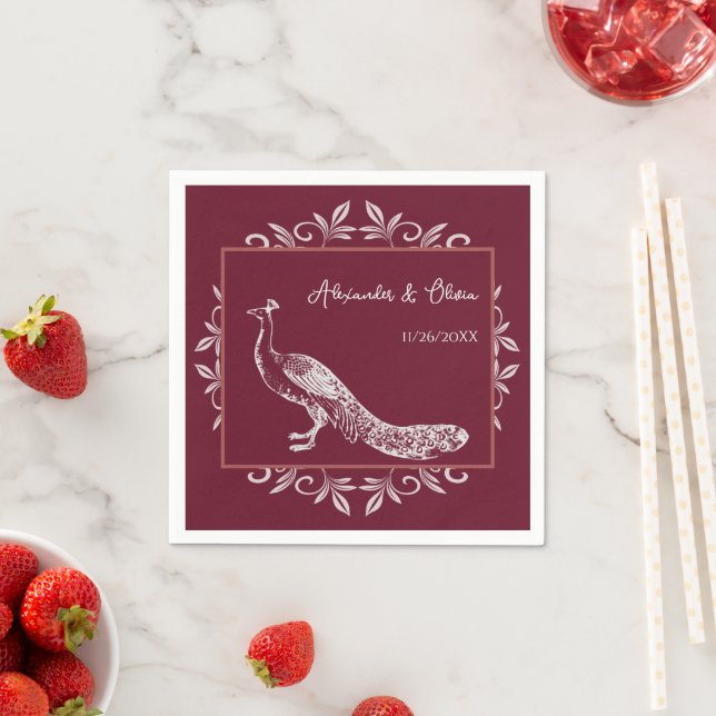 Wine Peacock Flourish Bridal Shower Napkins (Insitu)