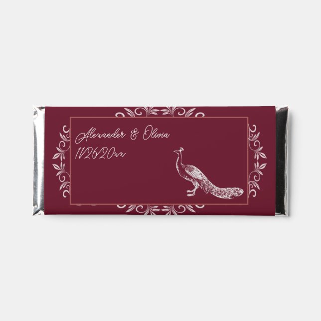 Wine Peacock Flourish Wedding Hershey Bar Favors (Front)
