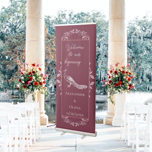 Wine Peacock Flourish Wedding Retractable Banner