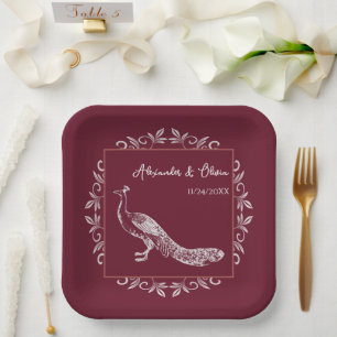 Wine Peacock Flourish Wedding Shower Paper Plates