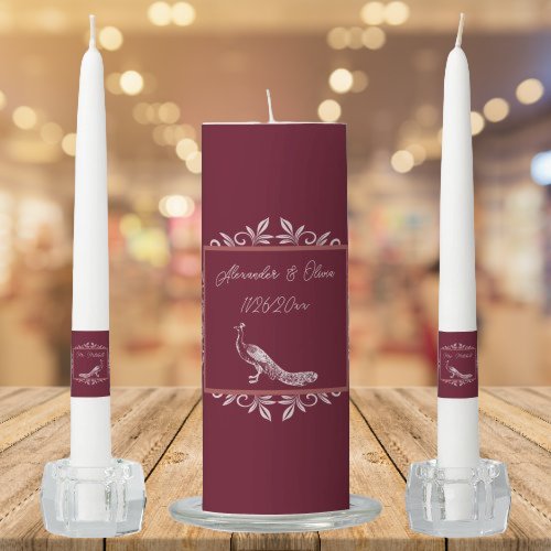 Wine Peacock Flourish Wedding Unity Candle Set