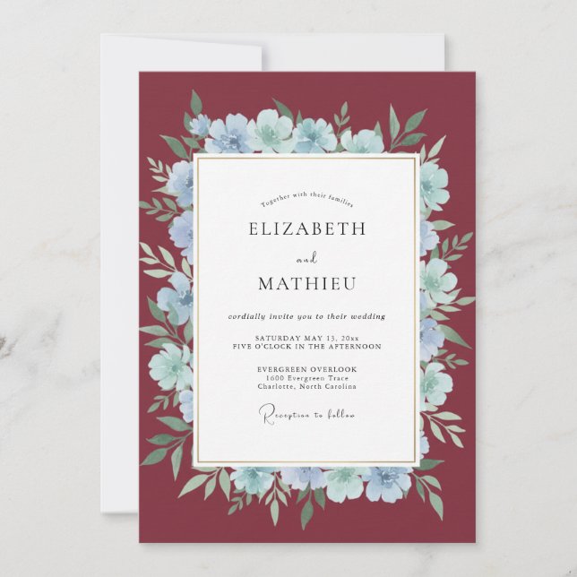 Wine Periwinkle Wreath Wedding Invitation (Front)