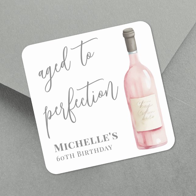 Wine Pink Aged To Perfection Birthday Square Sticker (Wine Simple Aged To Perfection Birthday Square Sticker)