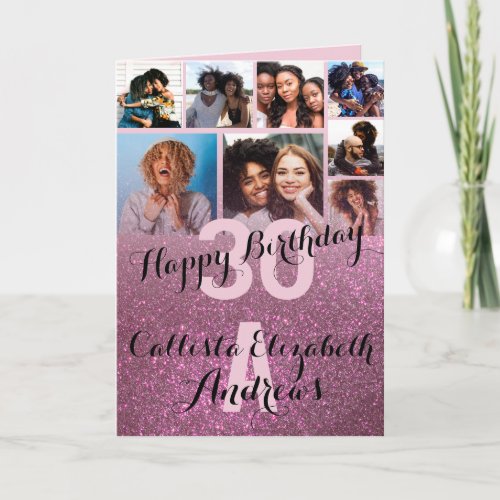 Wine Pink Glitter Photo Collage Happy Birthday Card