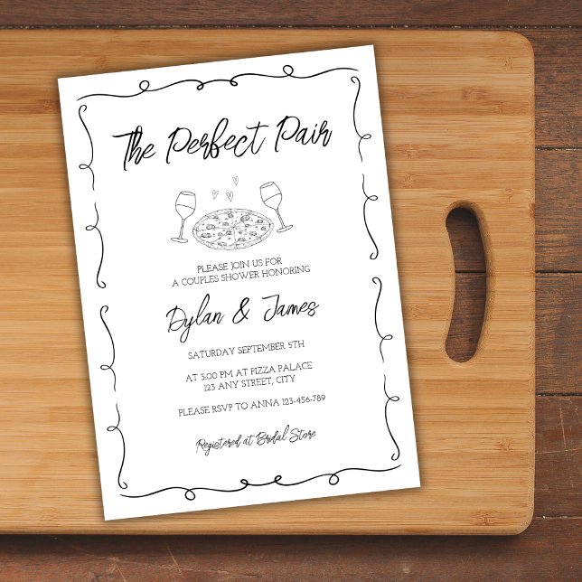 Wine & Pizza Perfect Pair Hand Drawn Couples Invitation (Wine & Pizza Perfect Pair Hand Drawn Couples Invitation)