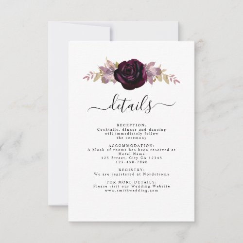 Wine Plum  Mauve Fall Floral Wedding Detail Card