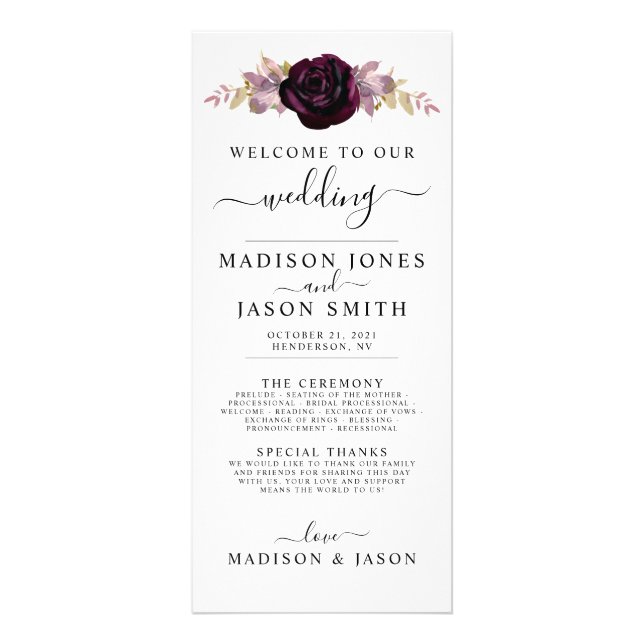 Wine Plum Mauve Fall Floral Wedding Program (Front)