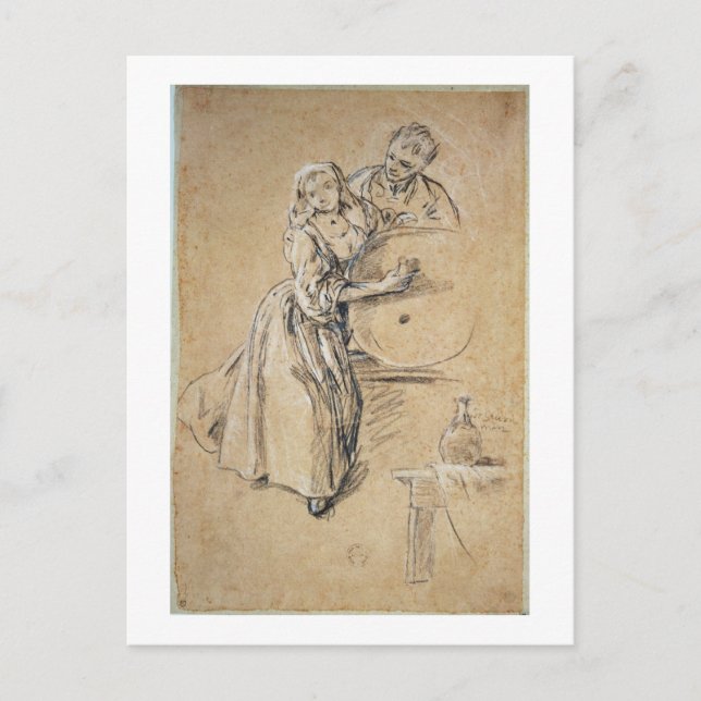 Wine-pourer with a Young Man (chalk) card (Front)