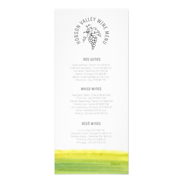 Wine price list custom green art rack card (Front)